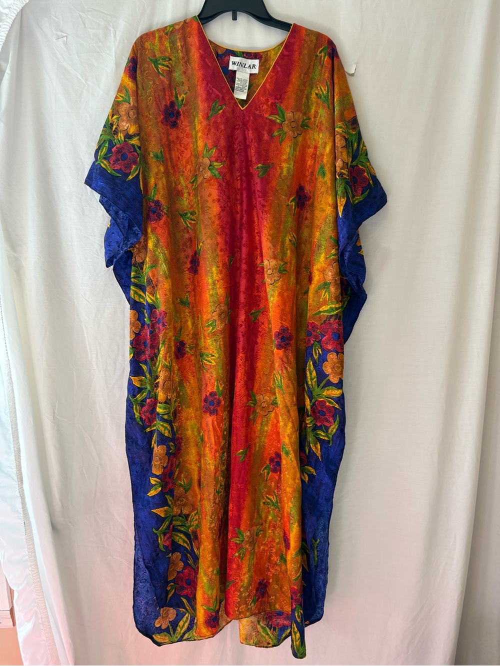 WINLAR V-Neck Maxi Caftan Dress in Orange and Blue Floral